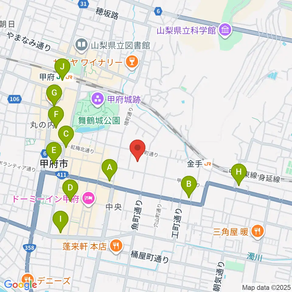 山梨中銀金融資料館周辺のコンビニエンスストア一覧地図