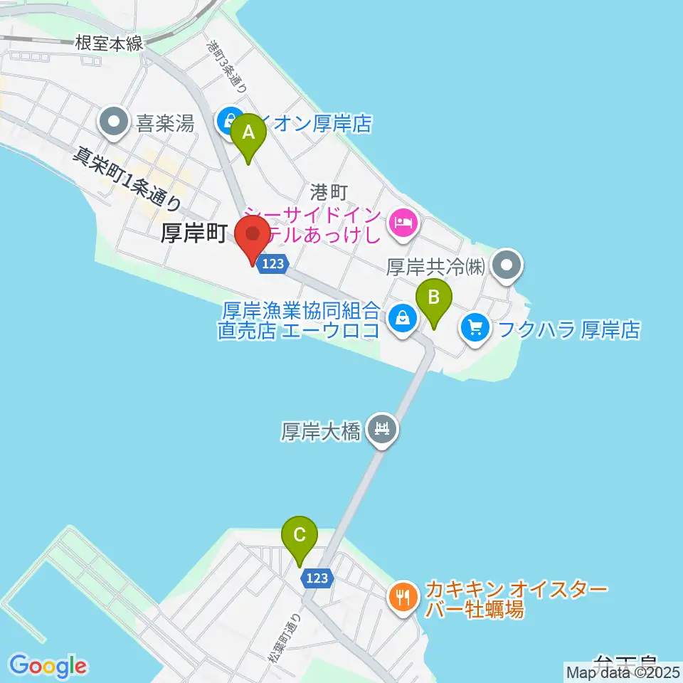 厚岸町海事記念館周辺のコンビニエンスストア一覧地図