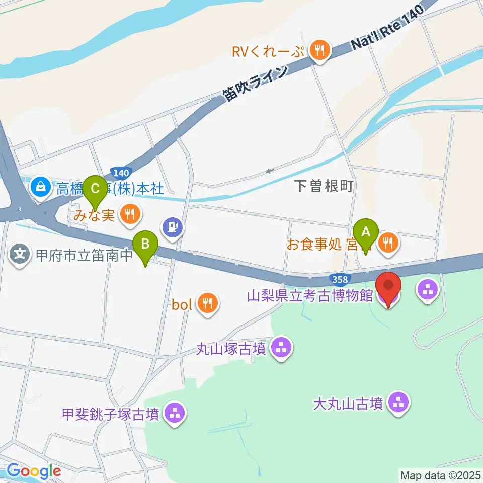 山梨県立考古博物館周辺のコンビニエンスストア一覧地図