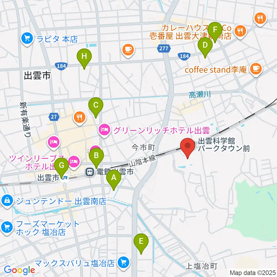 出雲科学館周辺のコンビニエンスストア一覧地図
