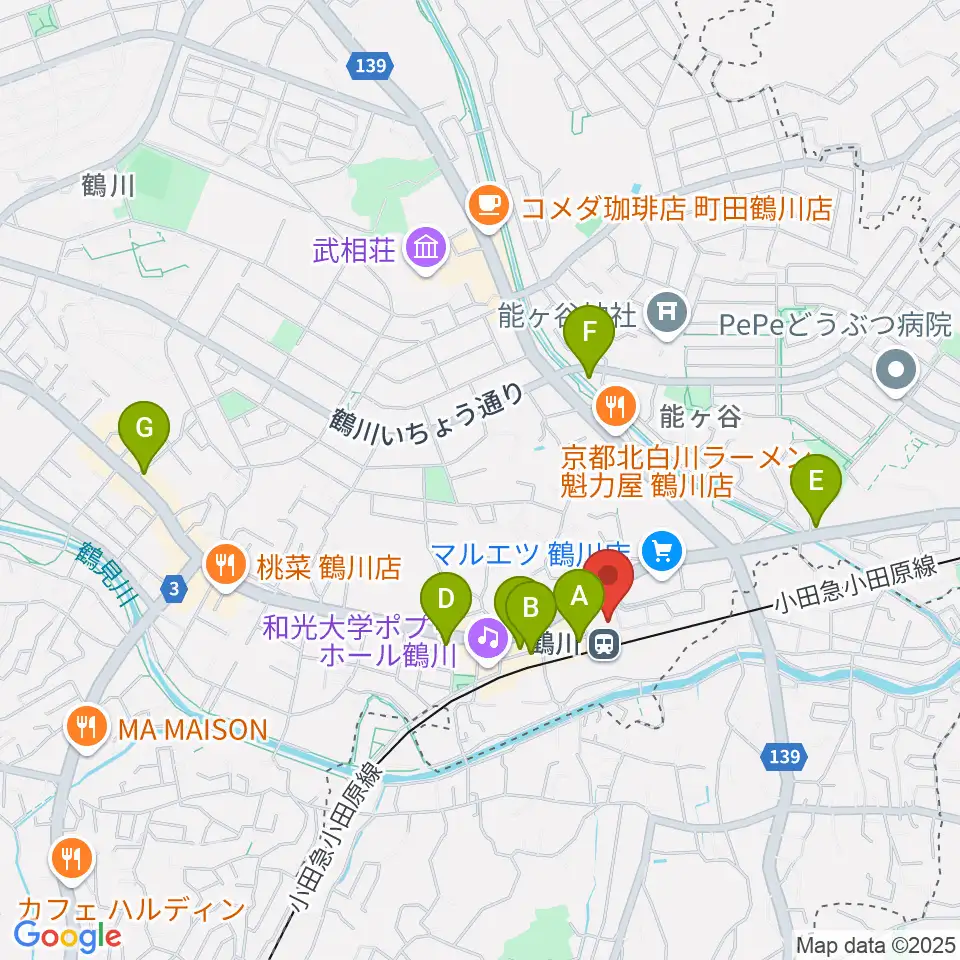 スガナミ楽器 鶴川駅前センター周辺のコンビニエンスストア一覧地図