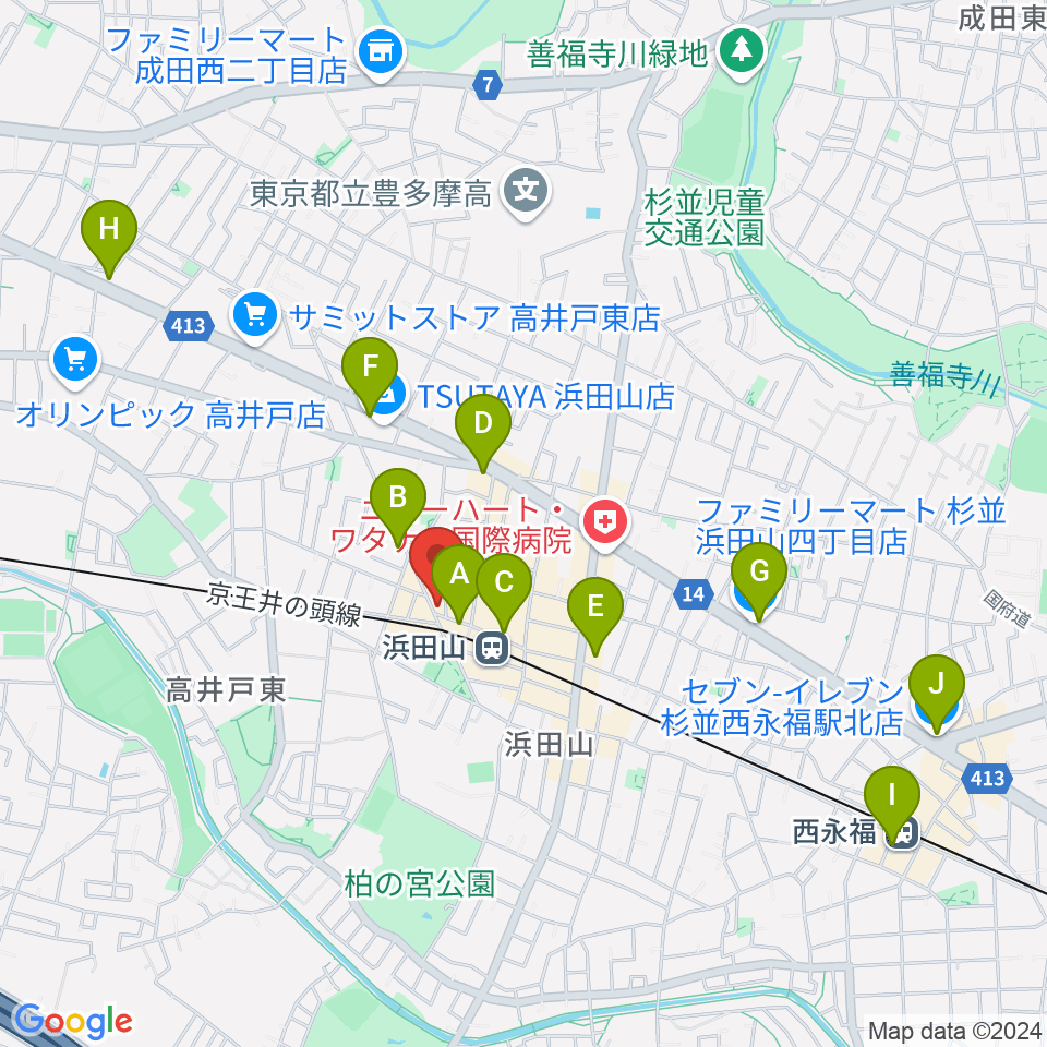 スガナミ楽器 浜田山センター周辺のコンビニエンスストア一覧地図