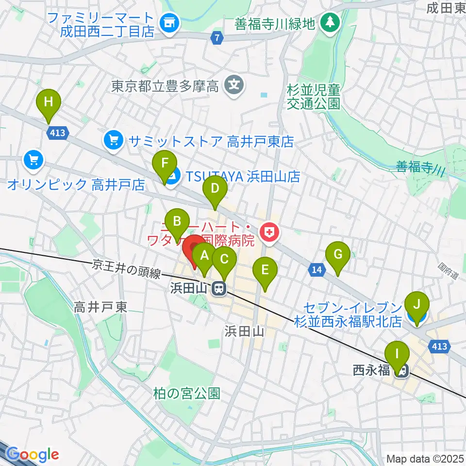 スガナミ楽器 浜田山センター周辺のコンビニエンスストア一覧地図