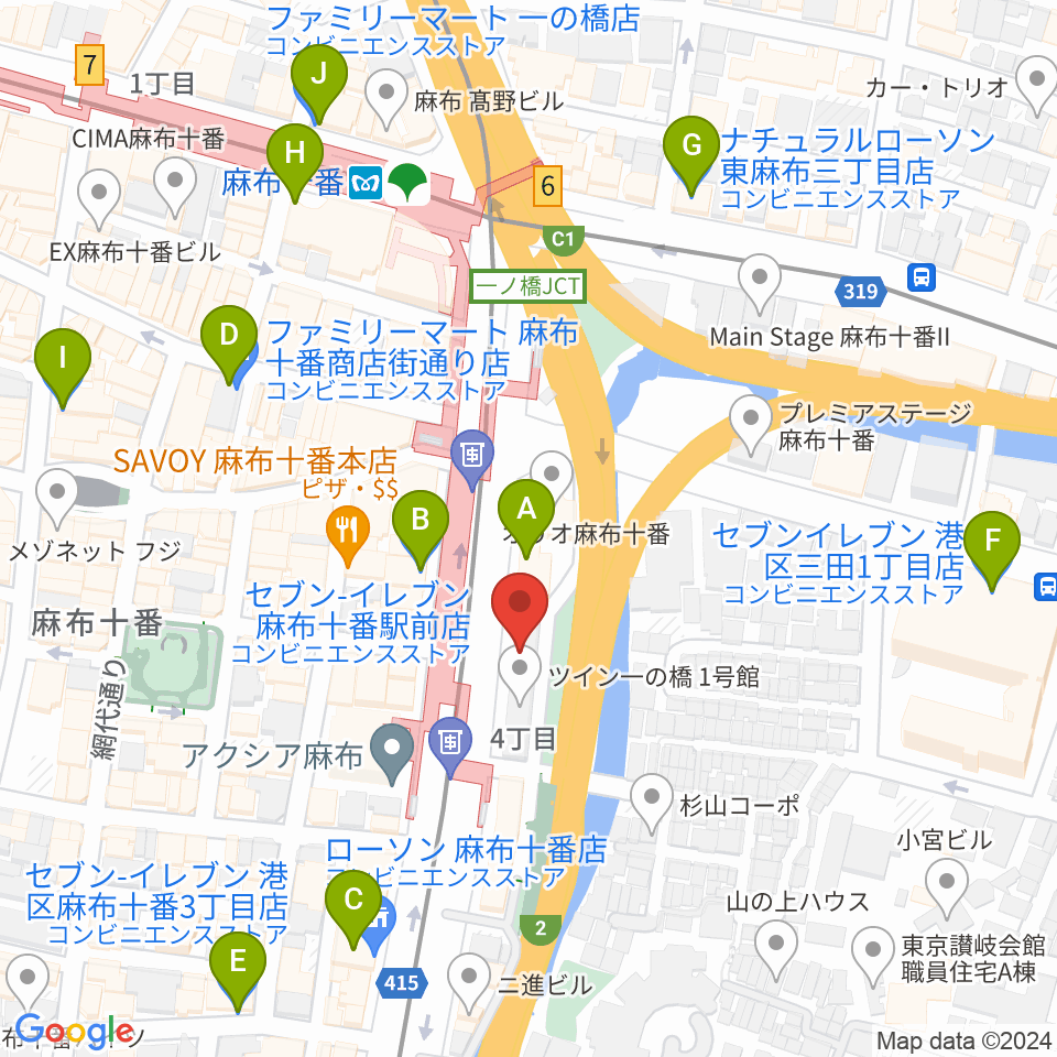 スガナミ楽器 麻布センター周辺のコンビニエンスストア一覧地図