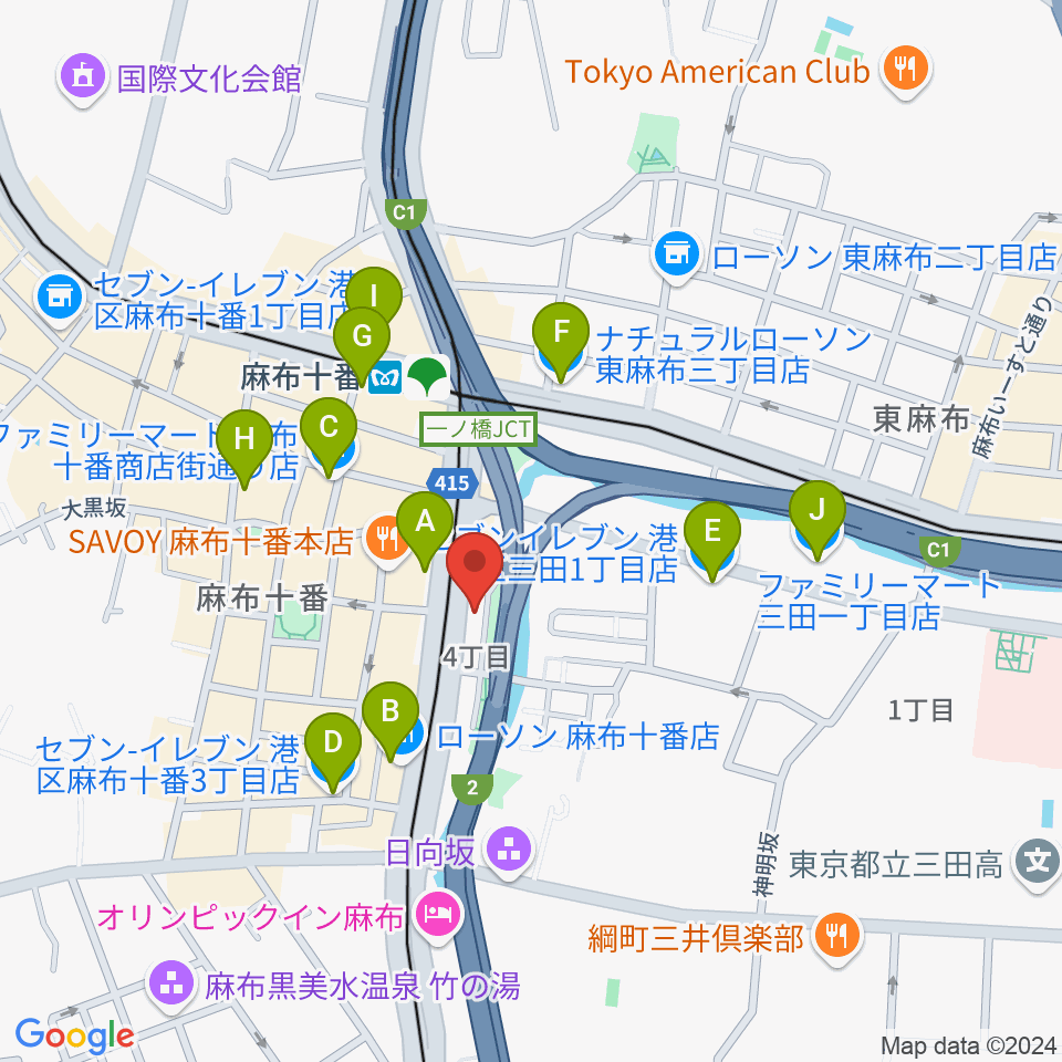 スガナミ楽器 麻布センター周辺のコンビニエンスストア一覧地図