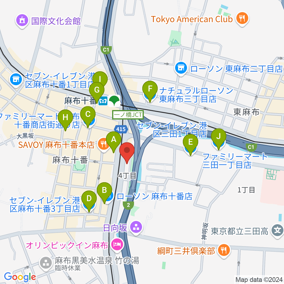 スガナミ楽器 麻布センター周辺のコンビニエンスストア一覧地図