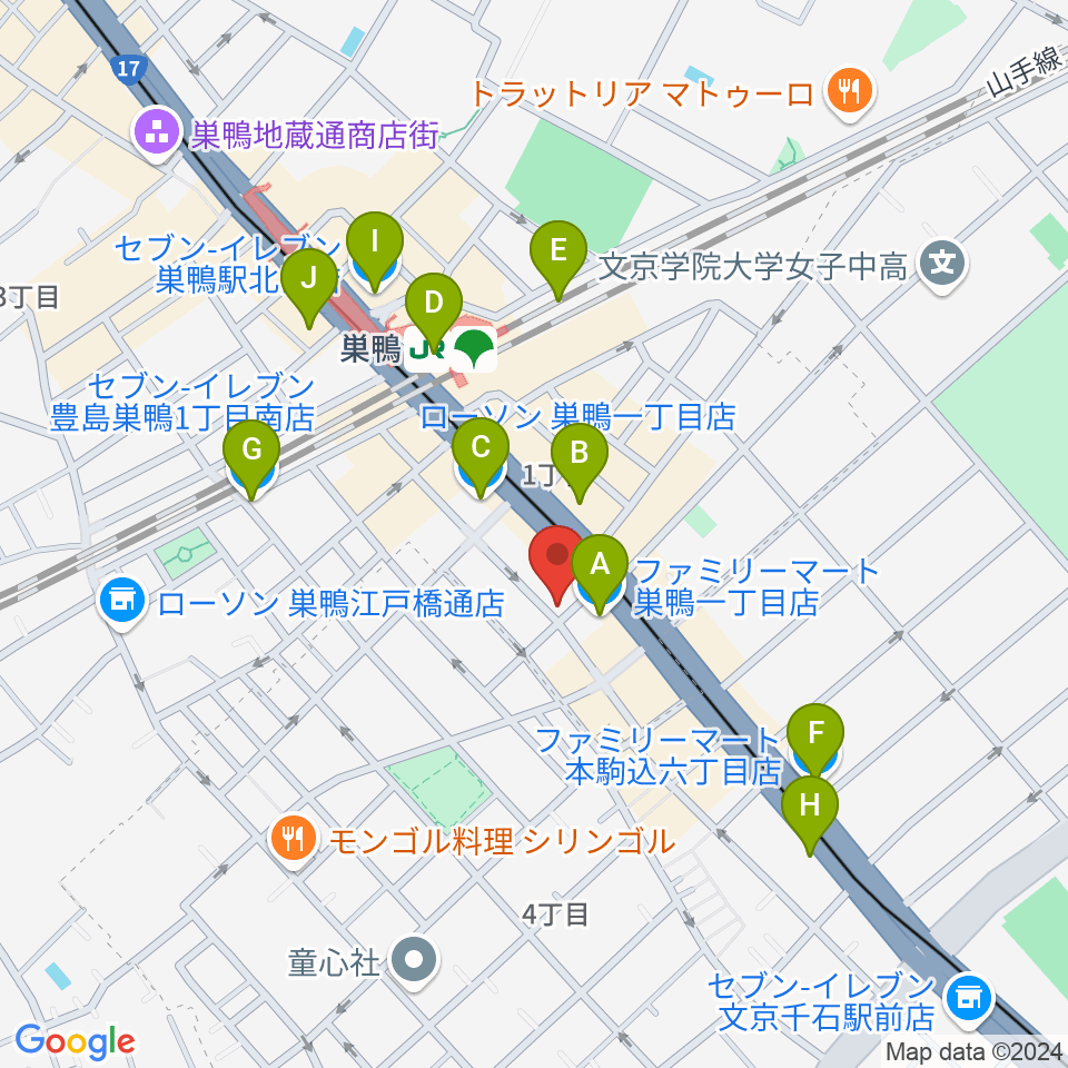 エークラスミュージック 巣鴨センター周辺のコンビニエンスストア一覧地図