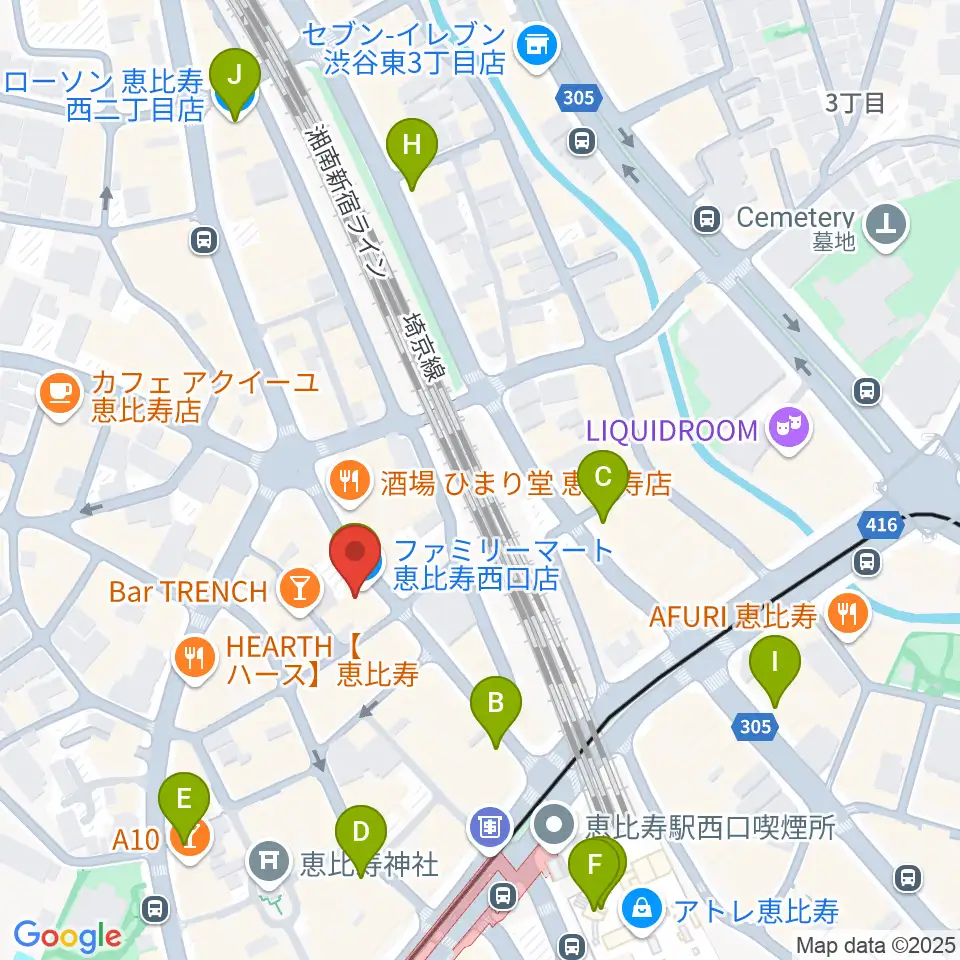 恵比寿ガウディボーカルスクール周辺のコンビニエンスストア一覧地図