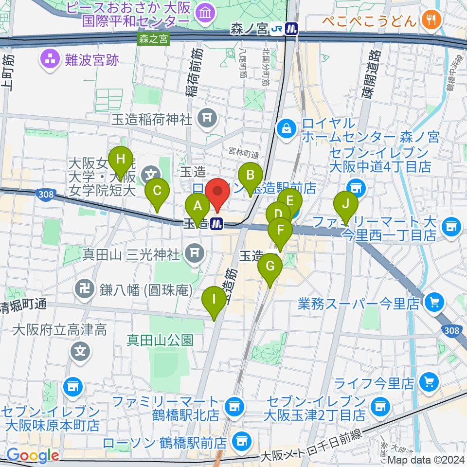 玉造ギタースクール周辺のコンビニエンスストア一覧地図