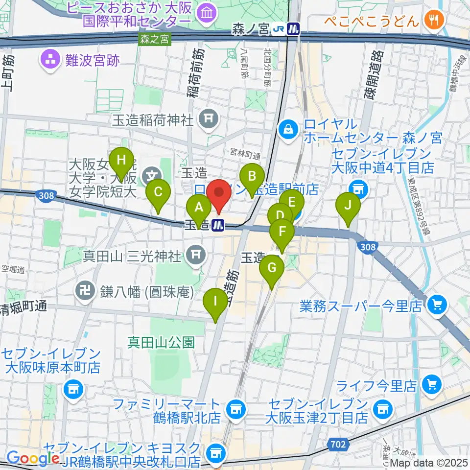 玉造ギタースクール周辺のコンビニエンスストア一覧地図