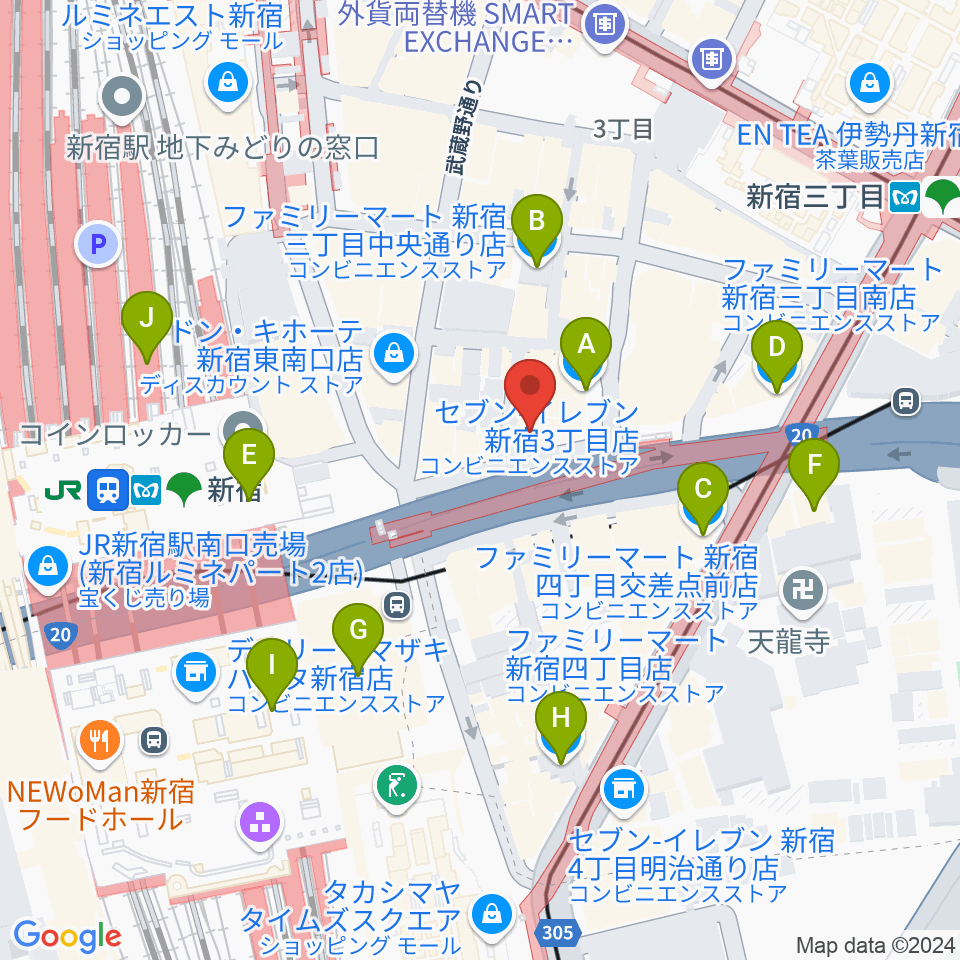 ミュージックスクールウッド新宿校周辺のコンビニエンスストア一覧地図