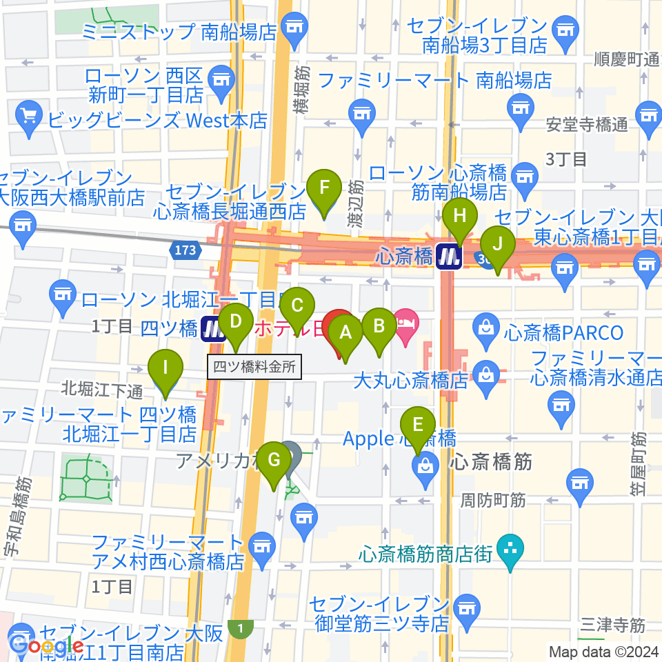 ジャパンギタースクール 心斎橋校周辺のコンビニエンスストア一覧地図
