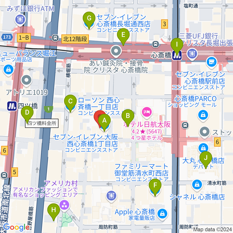 ジャパンギタースクール 心斎橋校周辺のコンビニエンスストア一覧地図