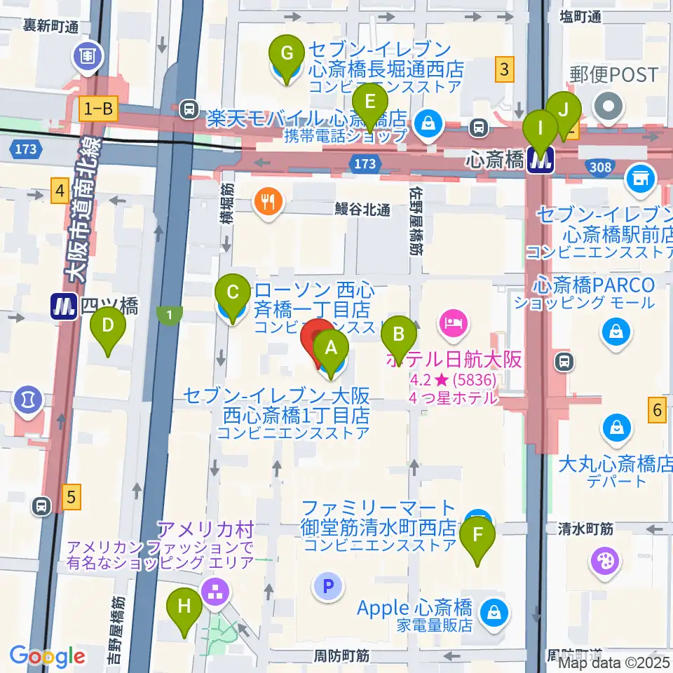 ジャパンギタースクール 心斎橋校周辺のコンビニエンスストア一覧地図