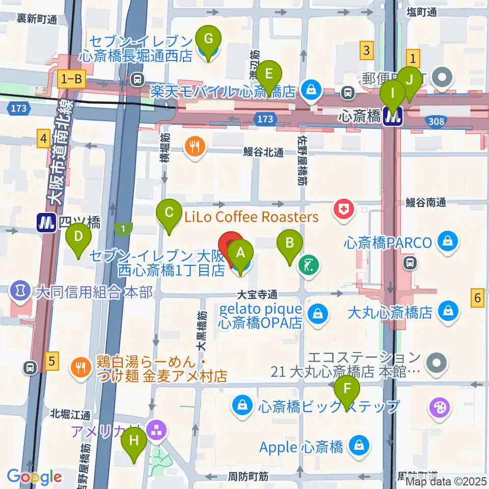 ジャパンギタースクール 心斎橋校周辺のコンビニエンスストア一覧地図