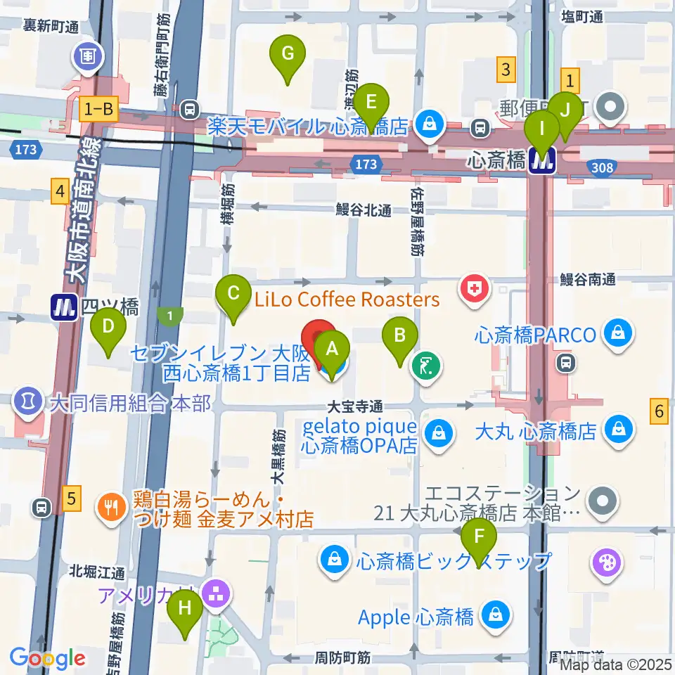 ジャパンギタースクール 心斎橋校周辺のコンビニエンスストア一覧地図