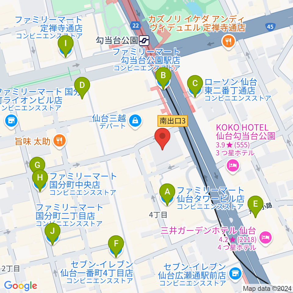 サンリツ楽器 一番町音楽センター周辺のコンビニエンスストア一覧地図