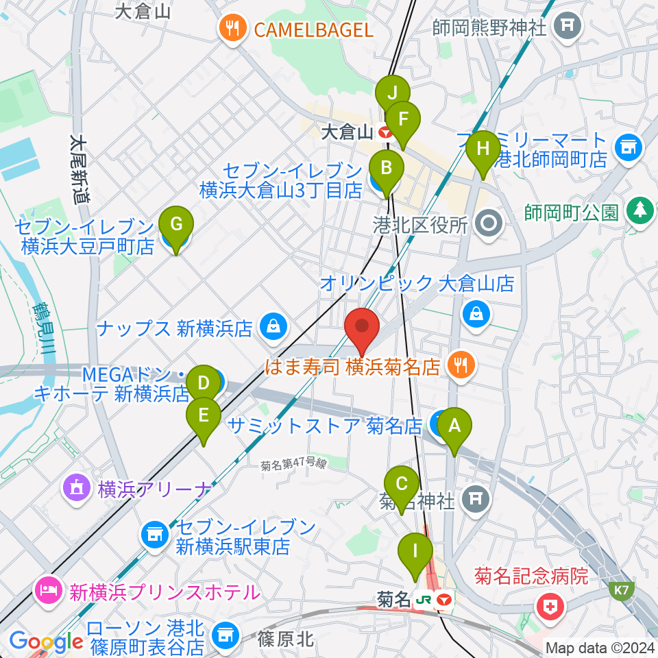 菊名JAM周辺のコンビニエンスストア一覧地図