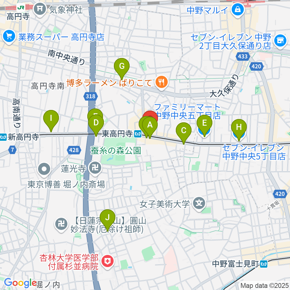 エンジェルハープ周辺のコンビニエンスストア一覧地図