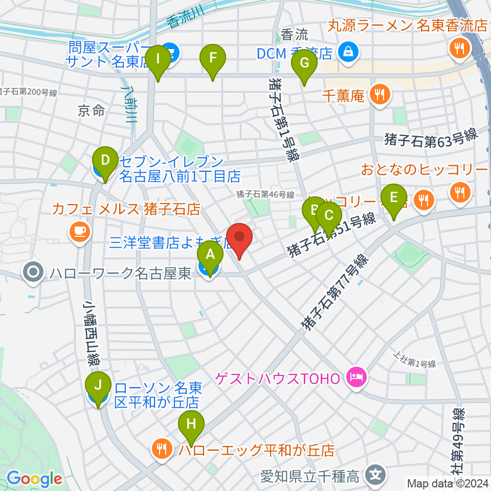 カジタミュージックスクール 名東教室周辺のコンビニエンスストア一覧地図