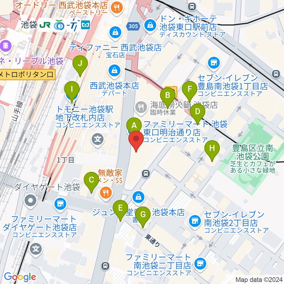 ヤマノミュージックサロン池袋周辺のコンビニエンスストア一覧地図