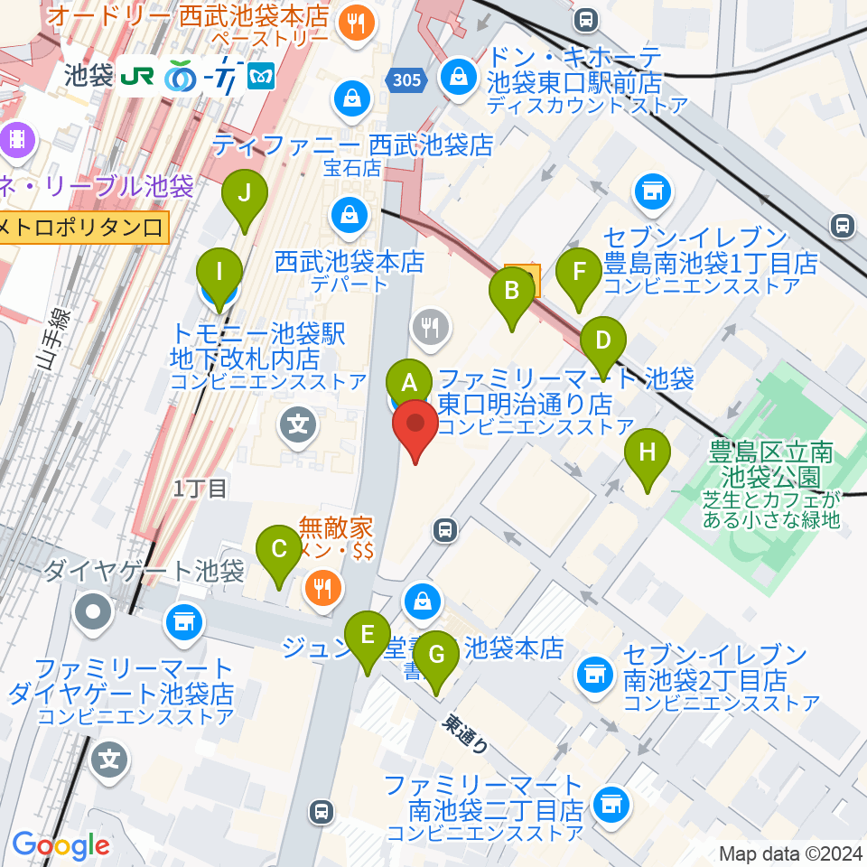 ヤマノミュージックサロン池袋周辺のコンビニエンスストア一覧地図