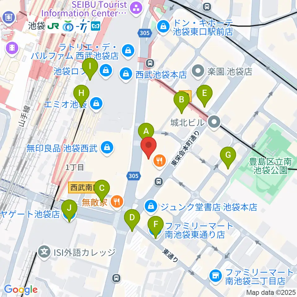ヤマノミュージックサロン池袋周辺のコンビニエンスストア一覧地図
