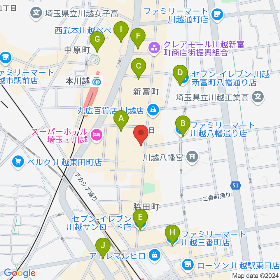 ヤマノミュージックサロン川越周辺のコンビニエンスストア一覧地図