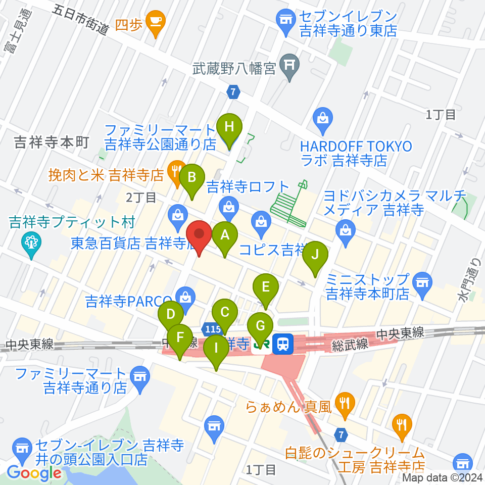 ヤマノミュージックサロン吉祥寺周辺のコンビニエンスストア一覧地図