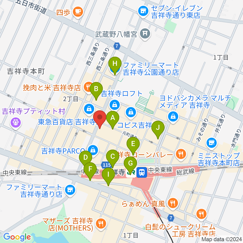 ヤマノミュージックサロン吉祥寺周辺のコンビニエンスストア一覧地図