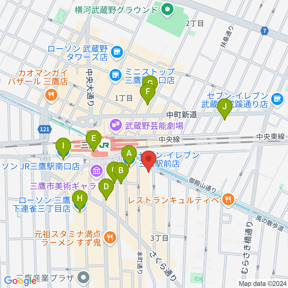 ヤマノミュージックセンター三鷹周辺のコンビニエンスストア一覧地図