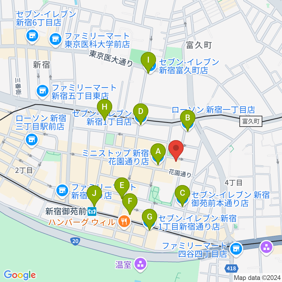 新宿ギター音楽院周辺のコンビニエンスストア一覧地図