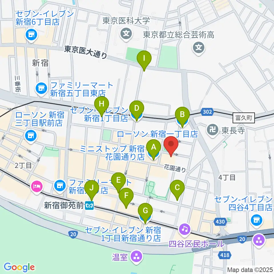 新宿ギター音楽院周辺のコンビニエンスストア一覧地図