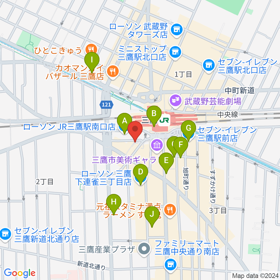 ヤマノミュージックサロン三鷹周辺のコンビニエンスストア一覧地図