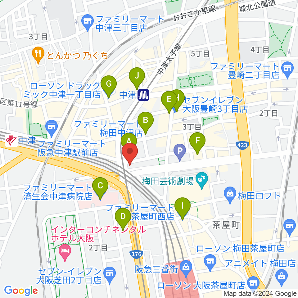 ロキシー・ミュージック・スクール梅田校周辺のコンビニエンスストア一覧地図