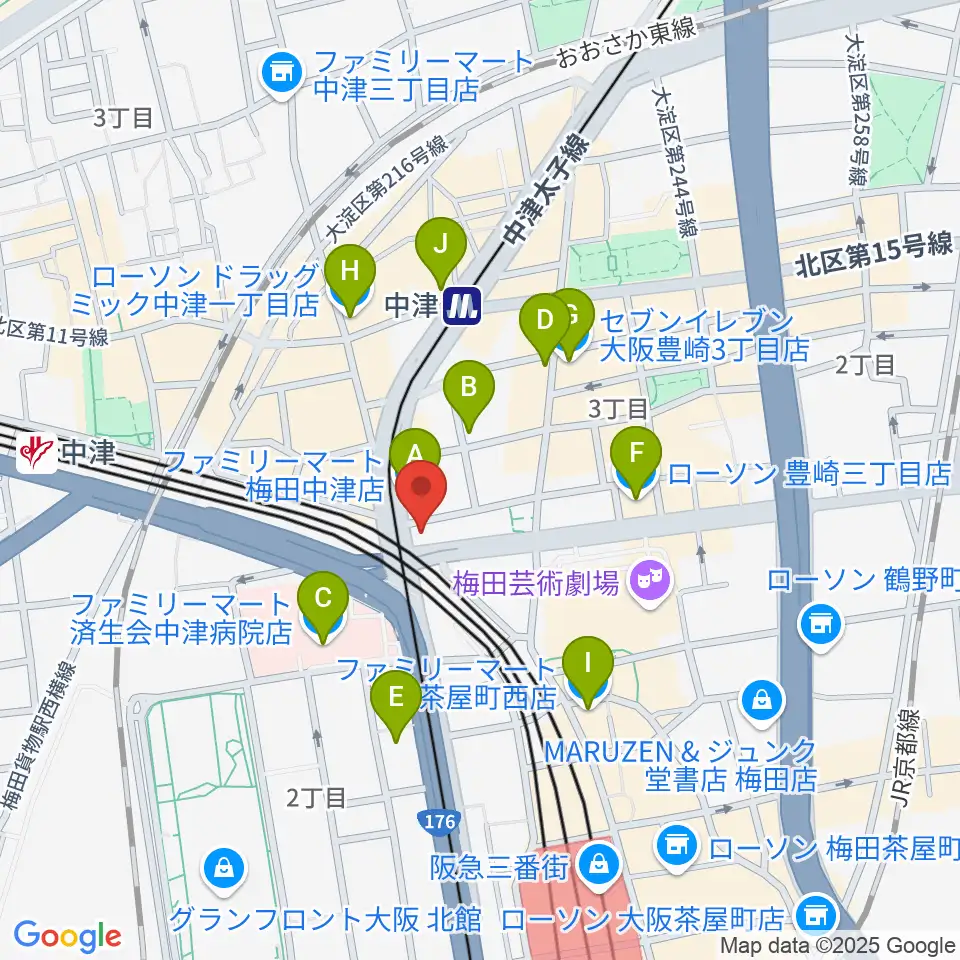 ロキシーミュージックスクール大阪梅田校周辺のコンビニエンスストア一覧地図