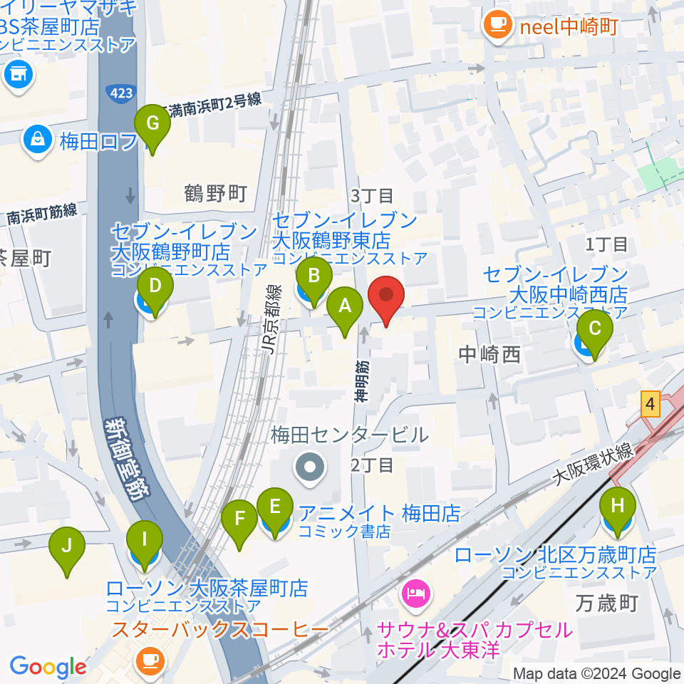 ESPギタークラフト・アカデミー大阪校周辺のコンビニエンスストア一覧地図