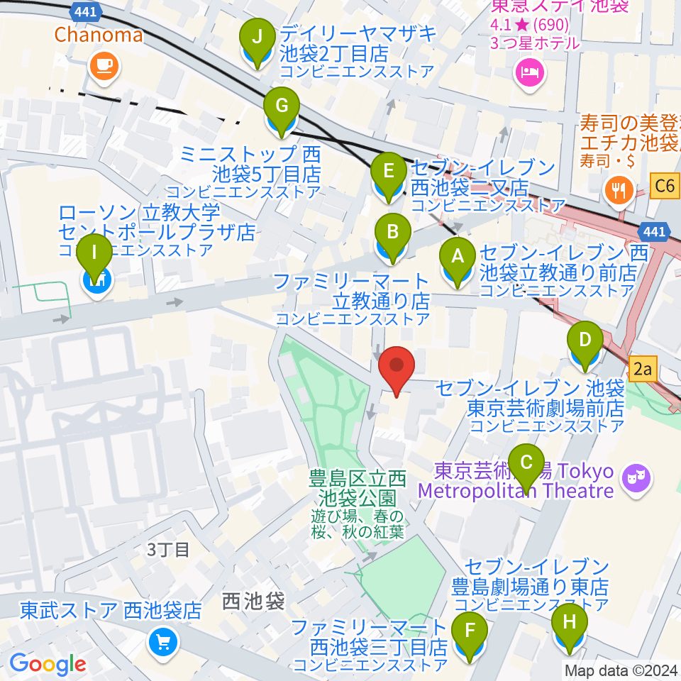 音楽教室ふわり池袋校周辺のコンビニエンスストア一覧地図