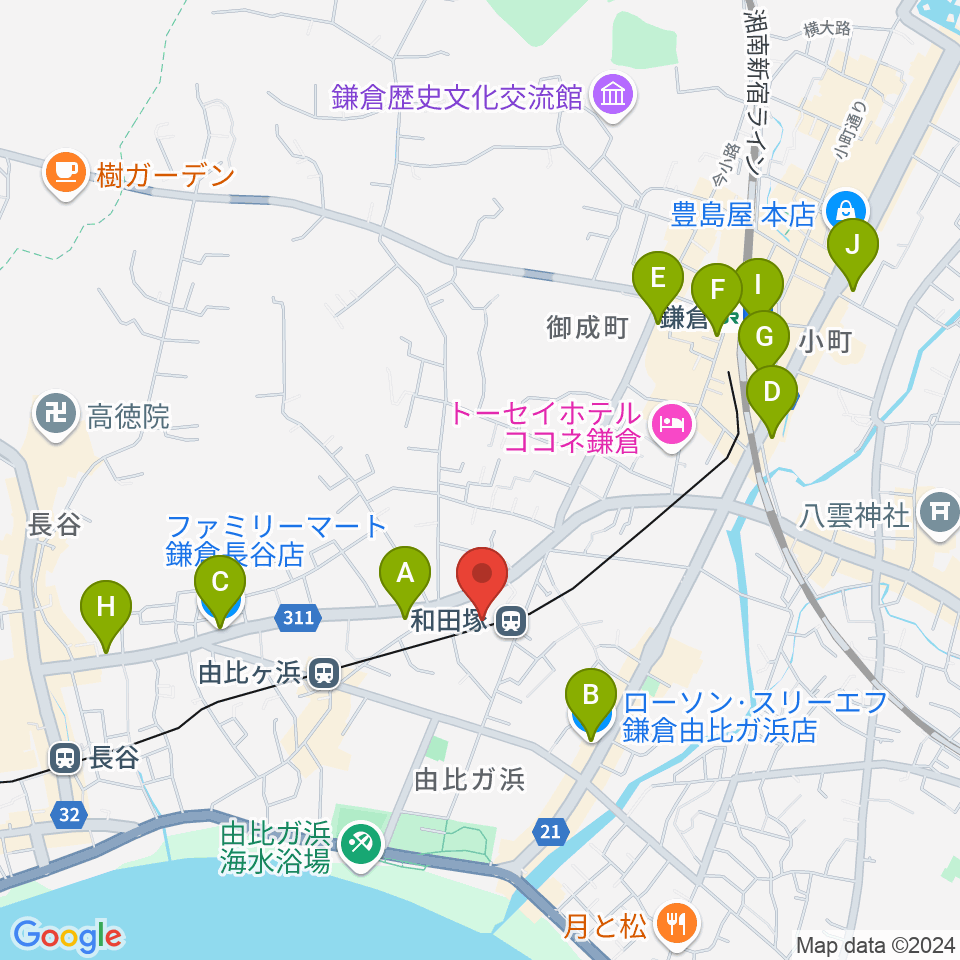 鎌倉アミ音楽教室周辺のコンビニエンスストア一覧地図