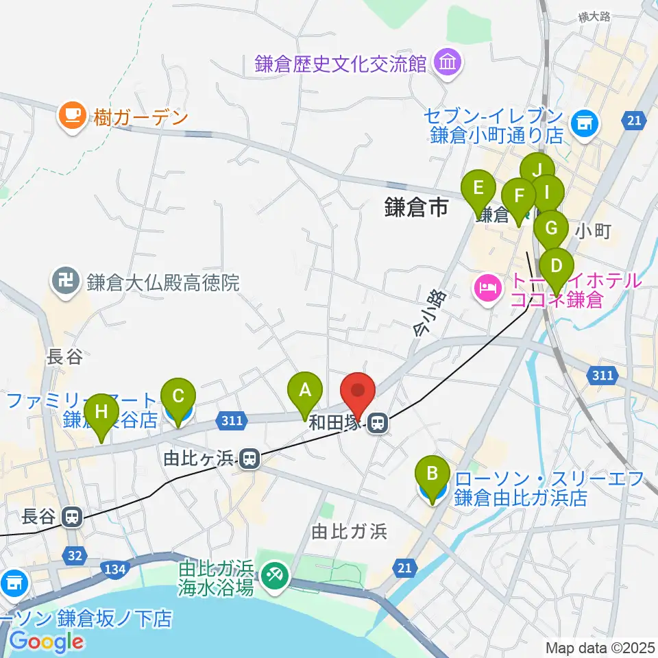 鎌倉アミ音楽教室周辺のコンビニエンスストア一覧地図