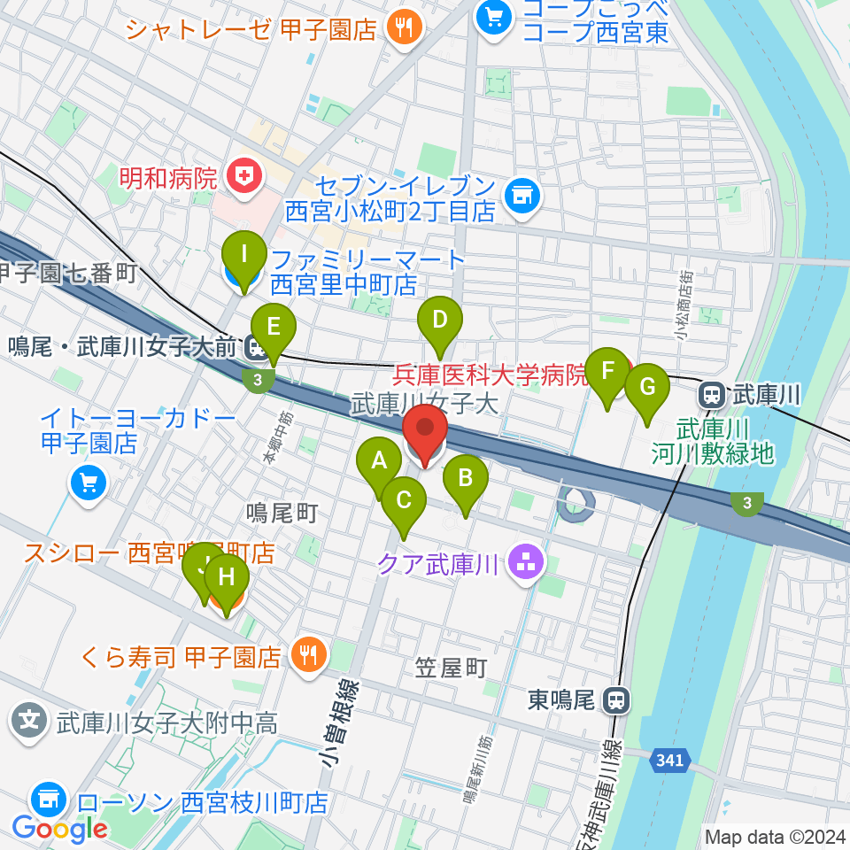 武庫川女子大学 音楽学部周辺のコンビニエンスストア一覧地図