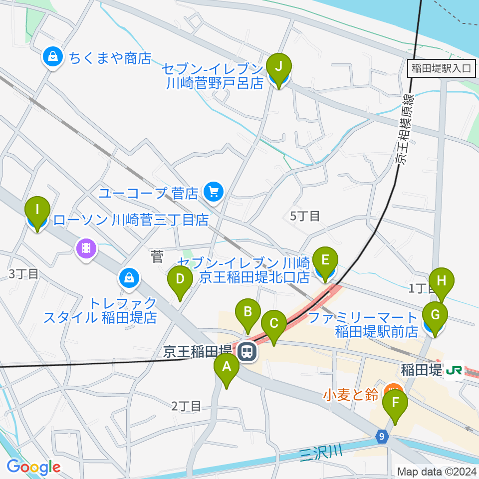 京王稲田堤音楽センター周辺のコンビニエンスストア一覧地図