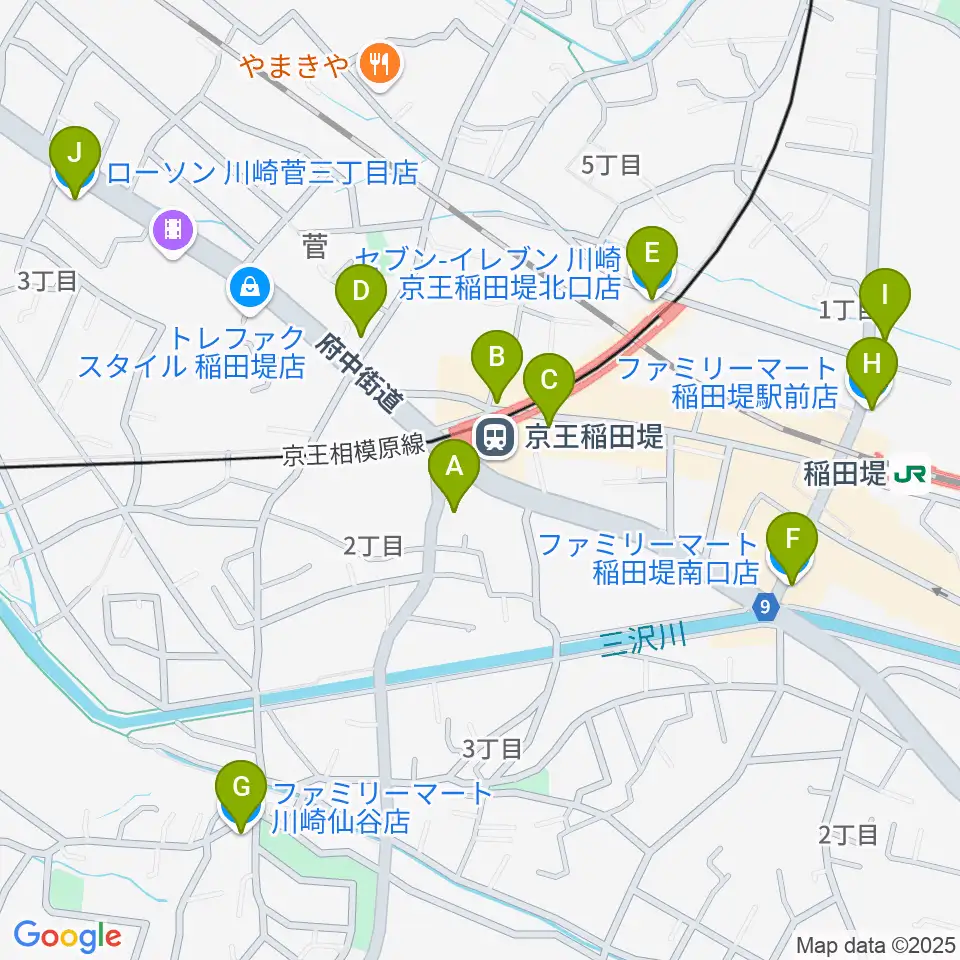 京王稲田堤音楽センター周辺のコンビニエンスストア一覧地図