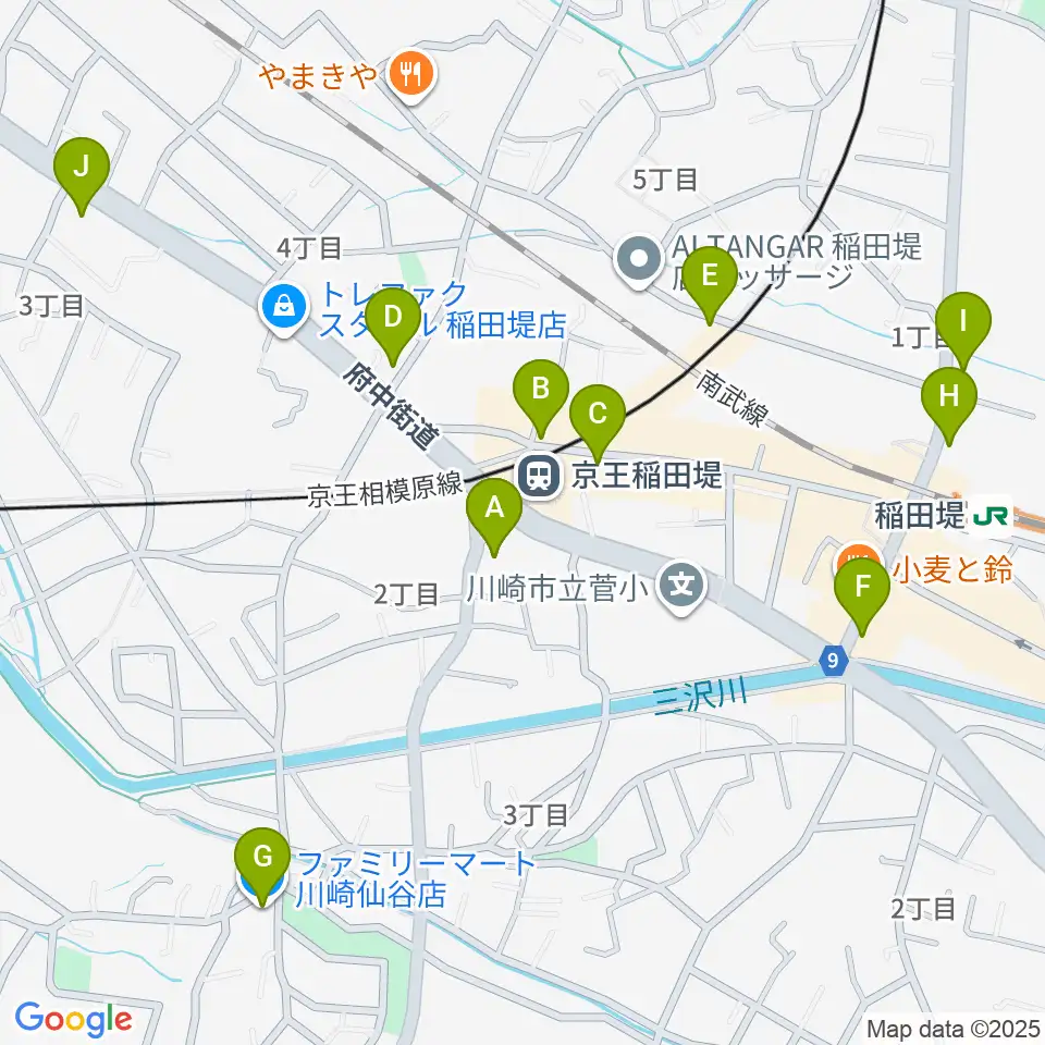 京王稲田堤音楽センター周辺のコンビニエンスストア一覧地図