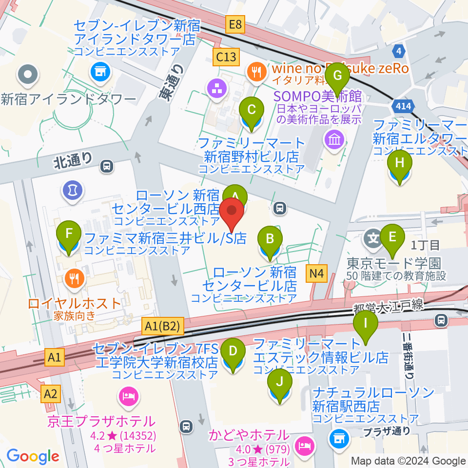 ヤマノミュージックサロン新宿周辺のコンビニエンスストア一覧地図