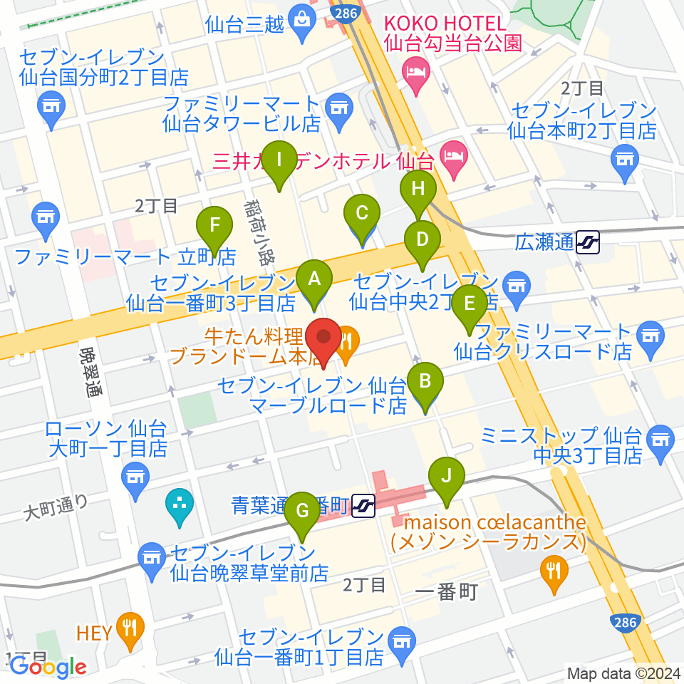 仙台darwin周辺のコンビニエンスストア一覧地図