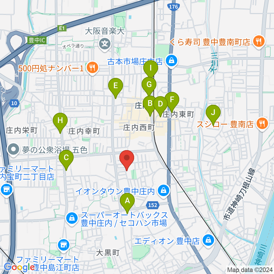 レイドバックミュージックスクール豊中校周辺のコンビニエンスストア一覧地図