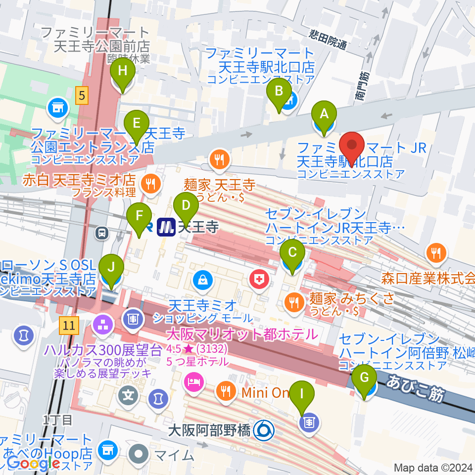 ベースオントップ天王寺店周辺のコンビニエンスストア一覧地図