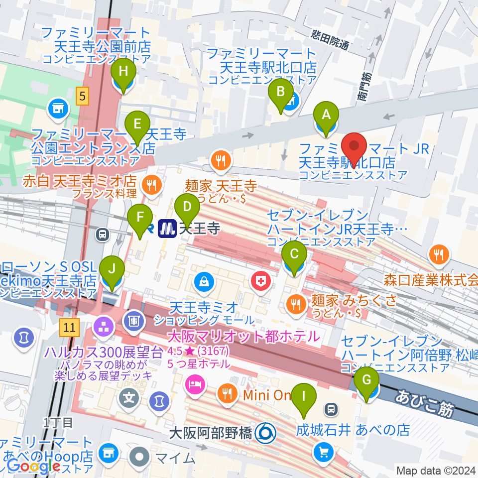 ベースオントップ天王寺店周辺のコンビニエンスストア一覧地図