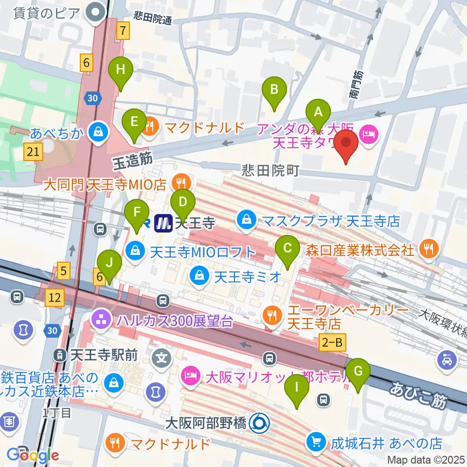 ベースオントップ天王寺店周辺のコンビニエンスストア一覧地図